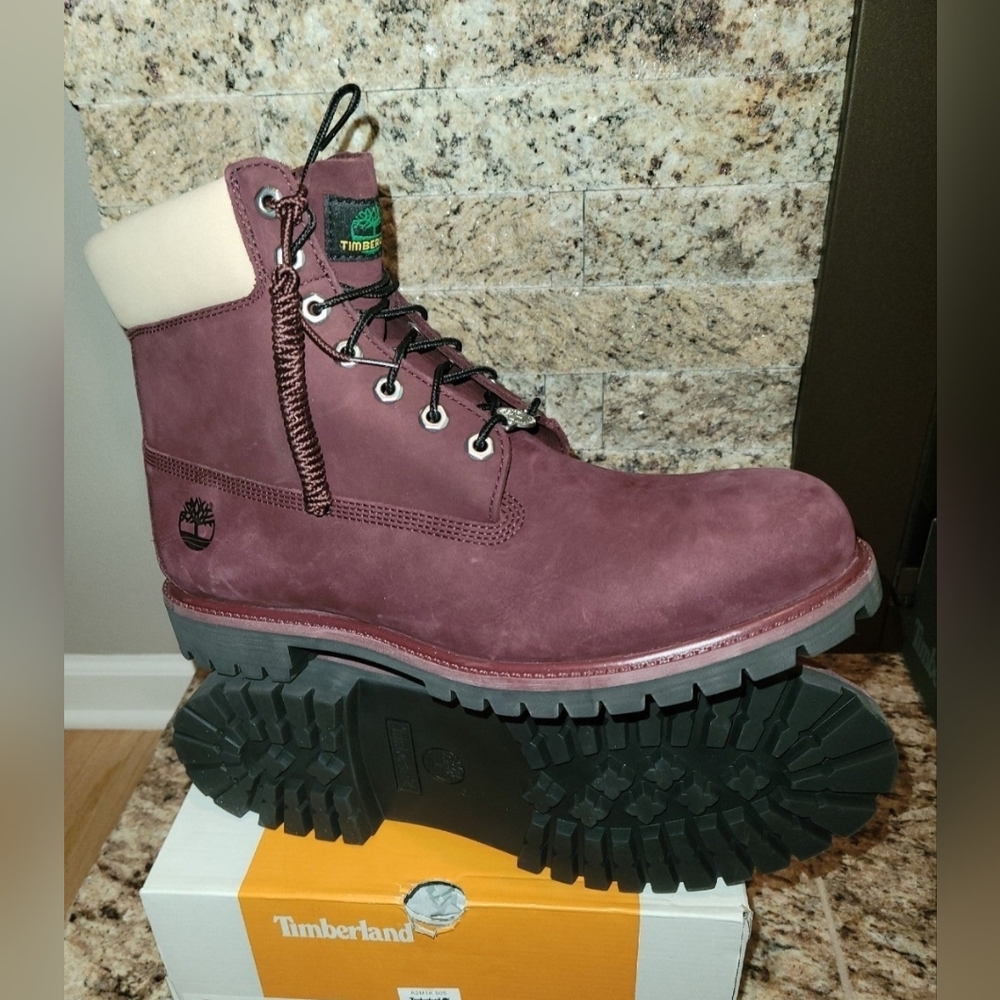 Mens Timberland 6" Premium Boots Burgundy with Beige Collar - Picture 5 of 11